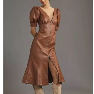 Anthropologie Brown Vegan Faux Leather Midi Dress w/ Puff Sleeve Front Zip Sz 12